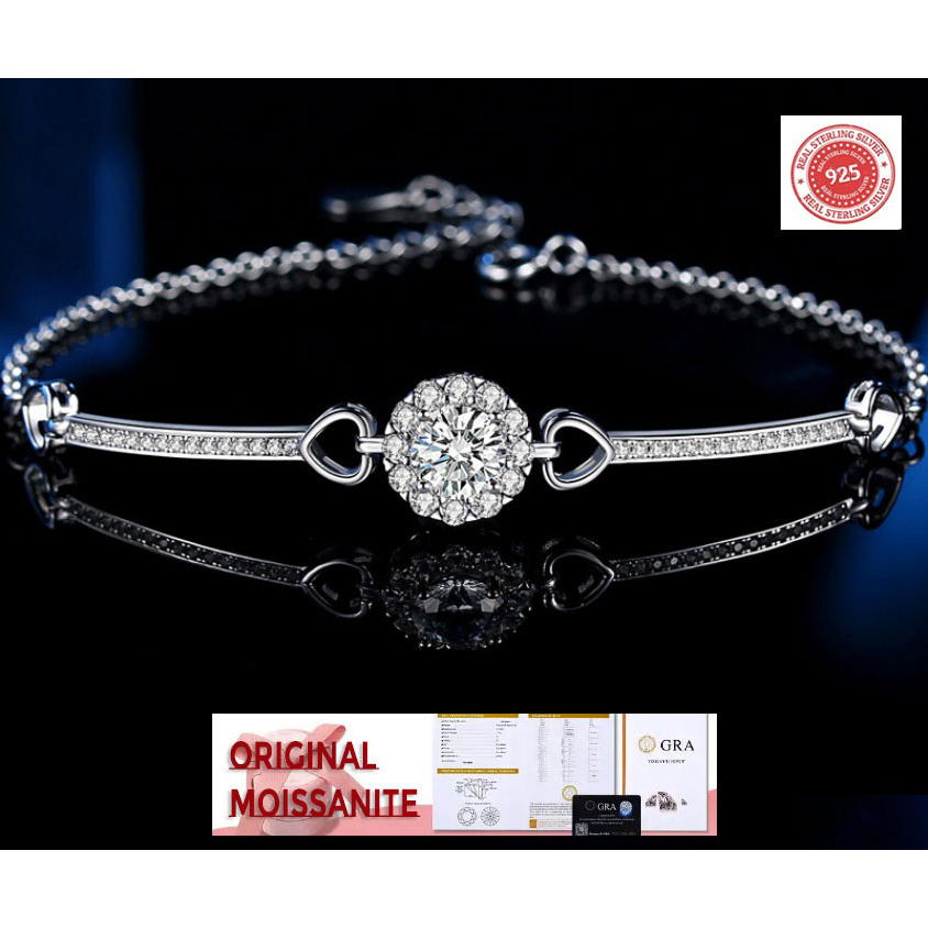 GELANG ORI ASLI Moissanite 925 Sterling Silver Charm GRA MEMO