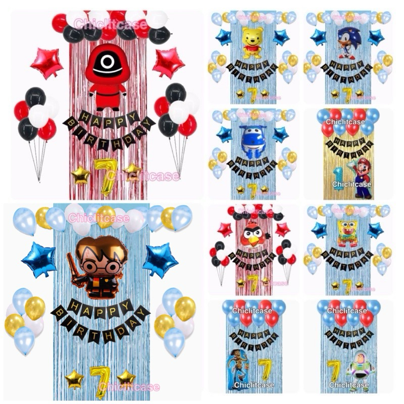 Paket dekorasi balon ulang tahun anak laki laki karakter penyihir spongebob/buzz/squid/pooh/sonic/ro