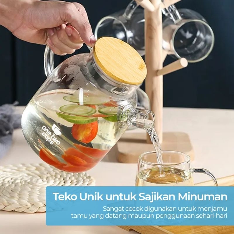 teapot teko kaca tahan panas dengan tutup kayu/teko pitcher tahan panas dingin bahan borosilicate gl