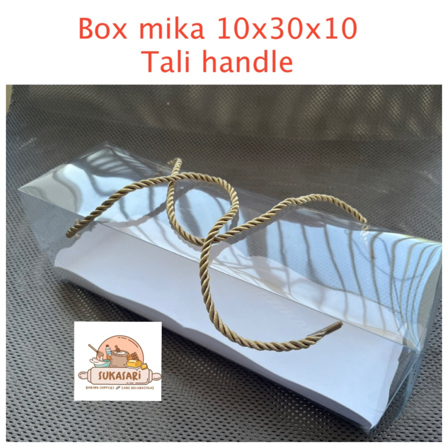 

Box mika 10x30x10 Tali handle cake box Hampers putih