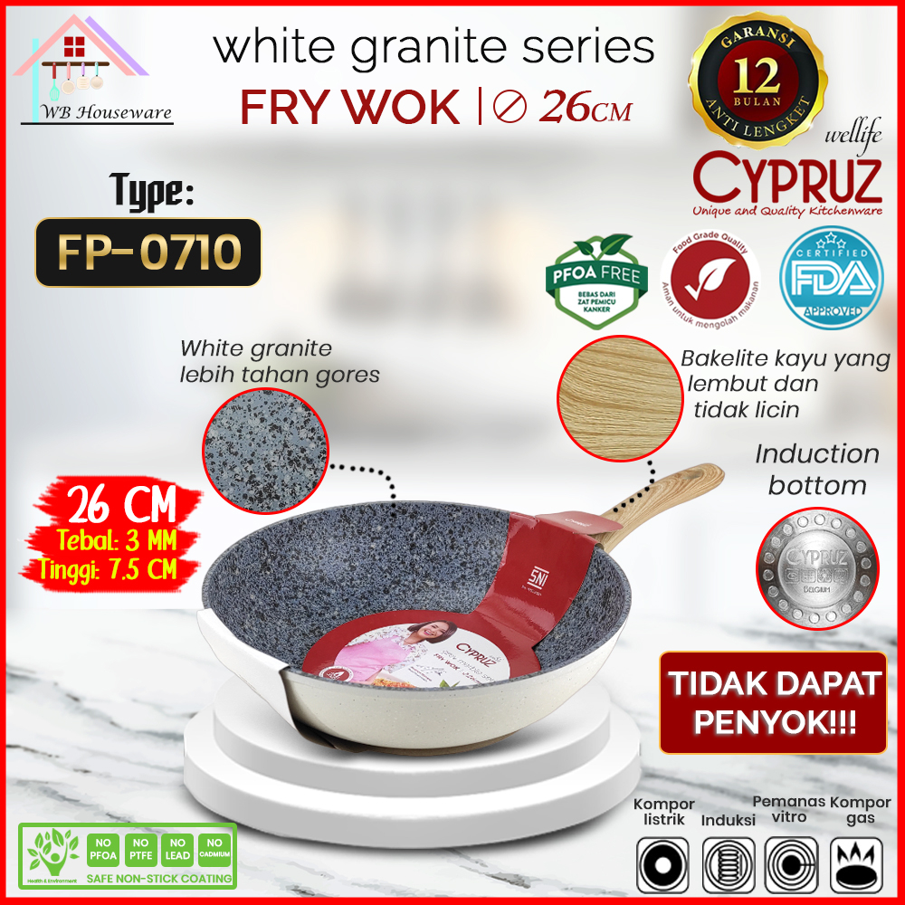 CYPRUZ Panci Fry wok 26cm white granite anti lengket / wajan masak listrik induksi / kuali penggoren