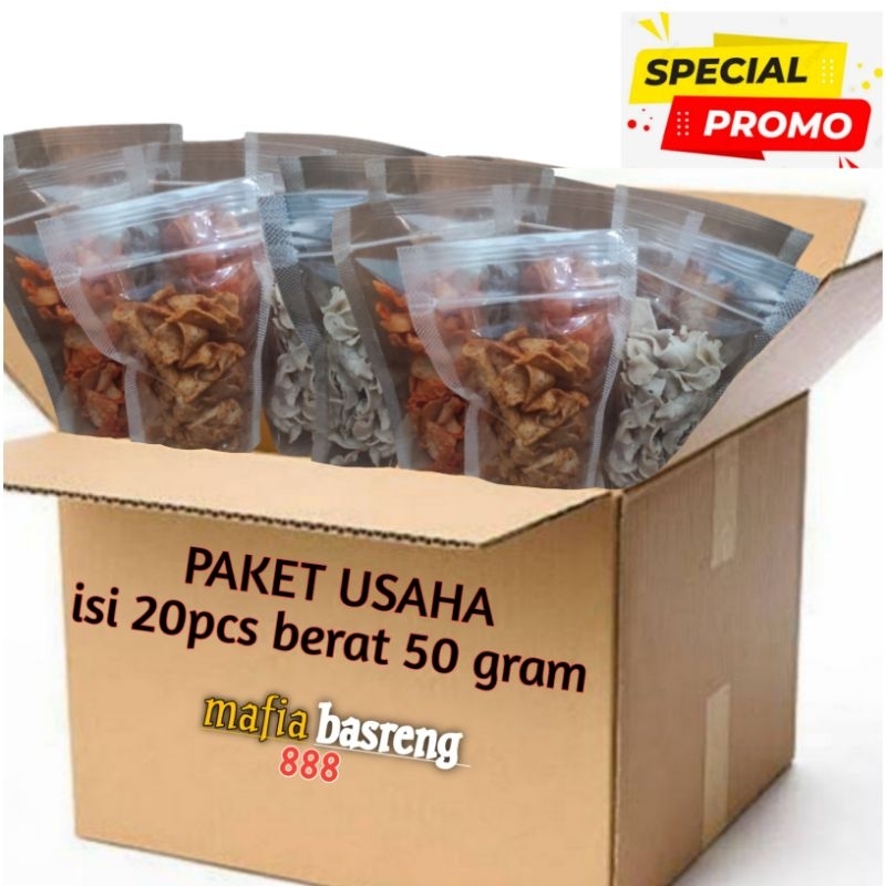 

SPESIAL PROMO !!! paket usaha basreng 50 gram ( isi 20pcs)
