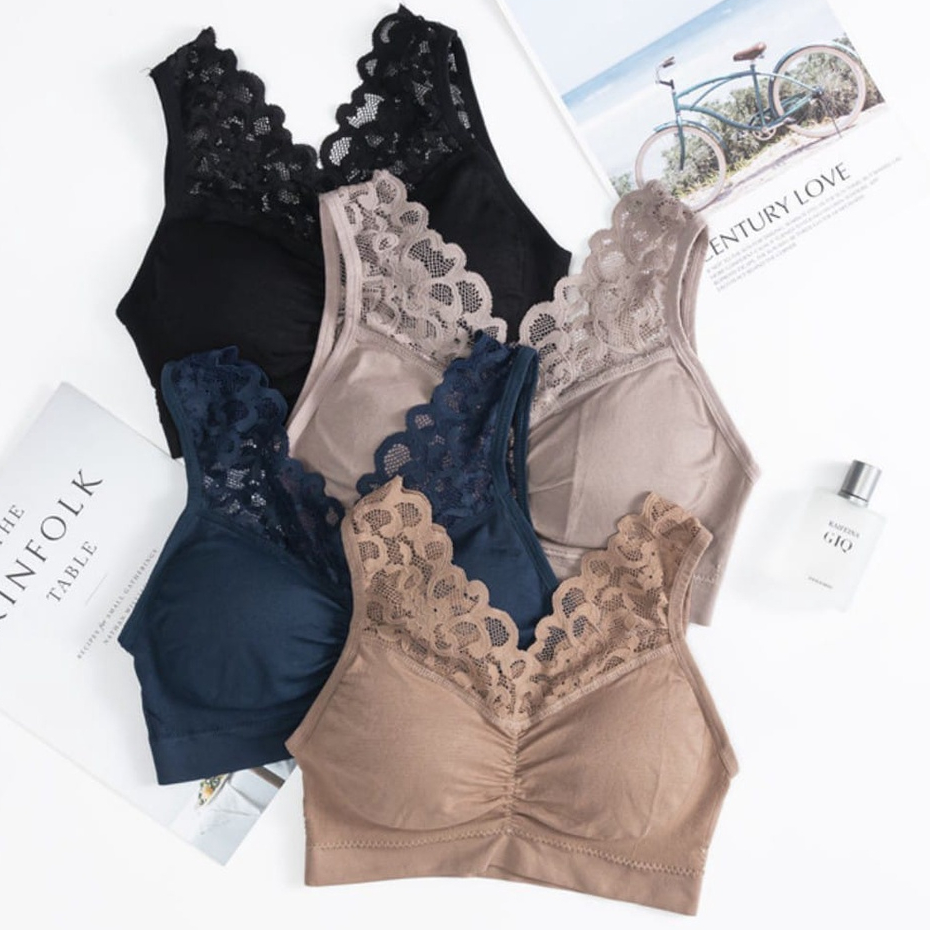 MS 0112 Bra Push Up Seamless Tanpa Kawat Pakaian Dalam BH V neck Hiasan Renda Motif Bunga Bra Bh Wan
