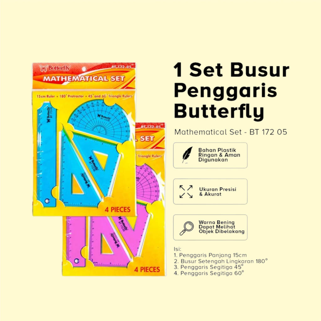 

Penggaris Busur 180 Derajat 1 Set 4 Pcs Butterfly Penggaris Matematika Seri BT 172 05 Warna - PBZ