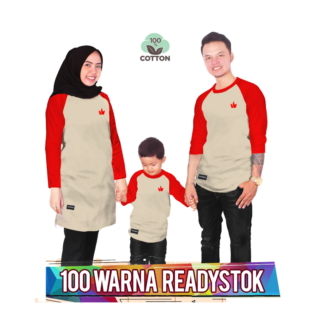 RAGLAN BASIC CREAM MERAH CABE Baju Kaos Keluarga couple anak laki laki perempuan ibu ayah ada ukuran