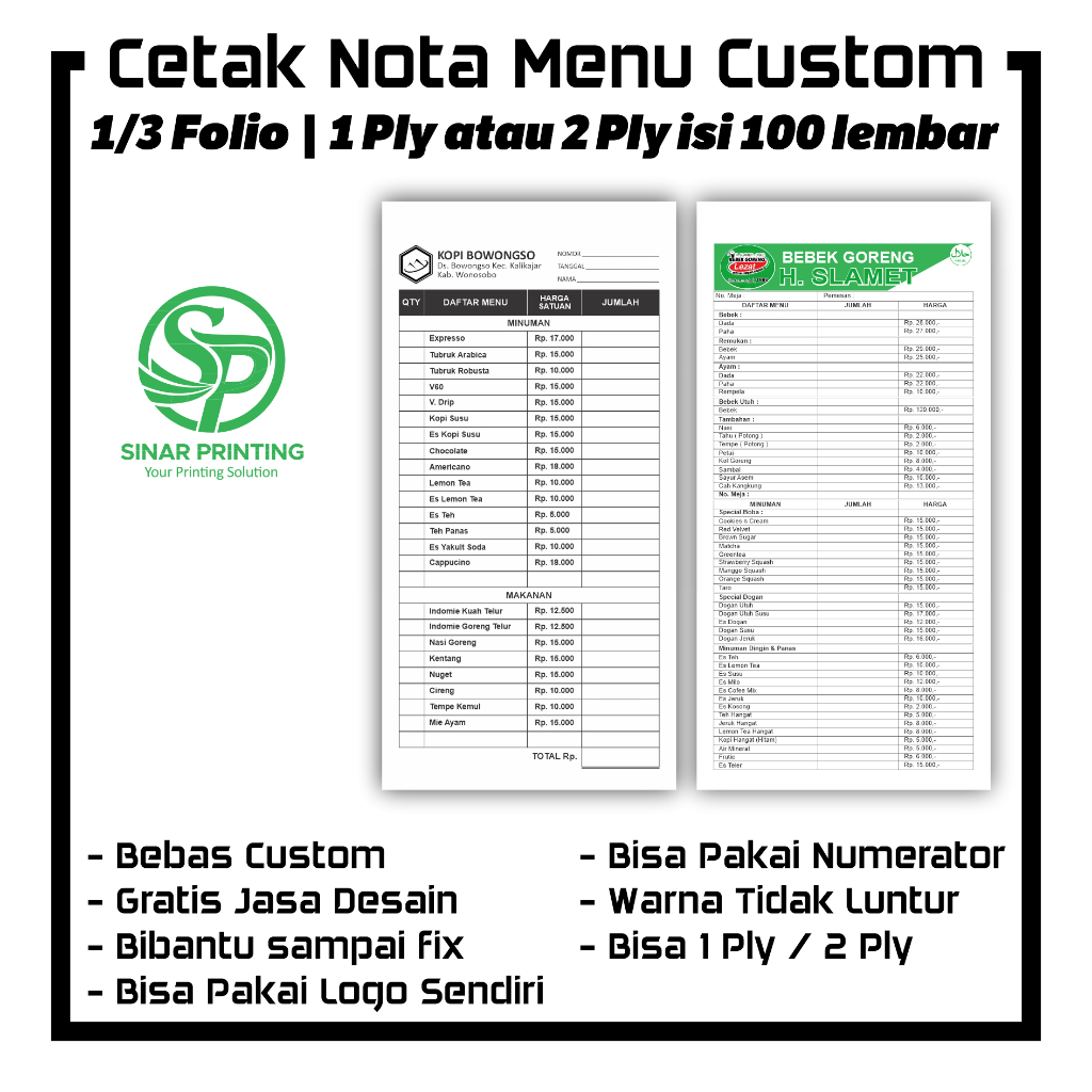 Nota Menu Custom - Nota Cafe - Nota Rumah Makan - Nota Custom 1/3 Folio 1 Ply 2 Ply