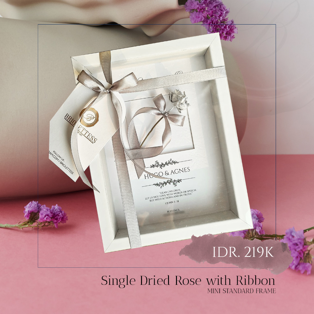 MINI STANDARD FRAME Single Dried Rose with Ribbon | Bunga Mawar Asli Kering Preserved Awet