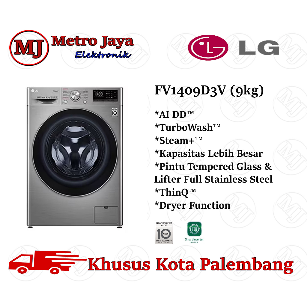 Mesin Cuci Front Loading LG FV1409D3V 9kg With Dryer Smart Inverter