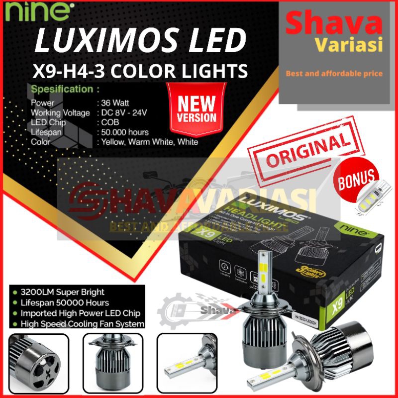 Lampu LED mobil H4 COB X9 LUXIMOS 3 WARNA ( PUTIH,KUNING,WARM WHITE )