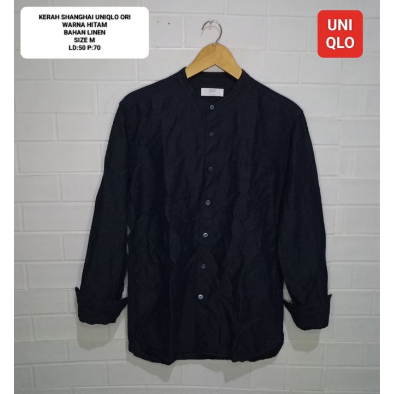 KEMEJA KERAH SHANGHAI HITAM UNIQLO ORI SIZE M LINEN