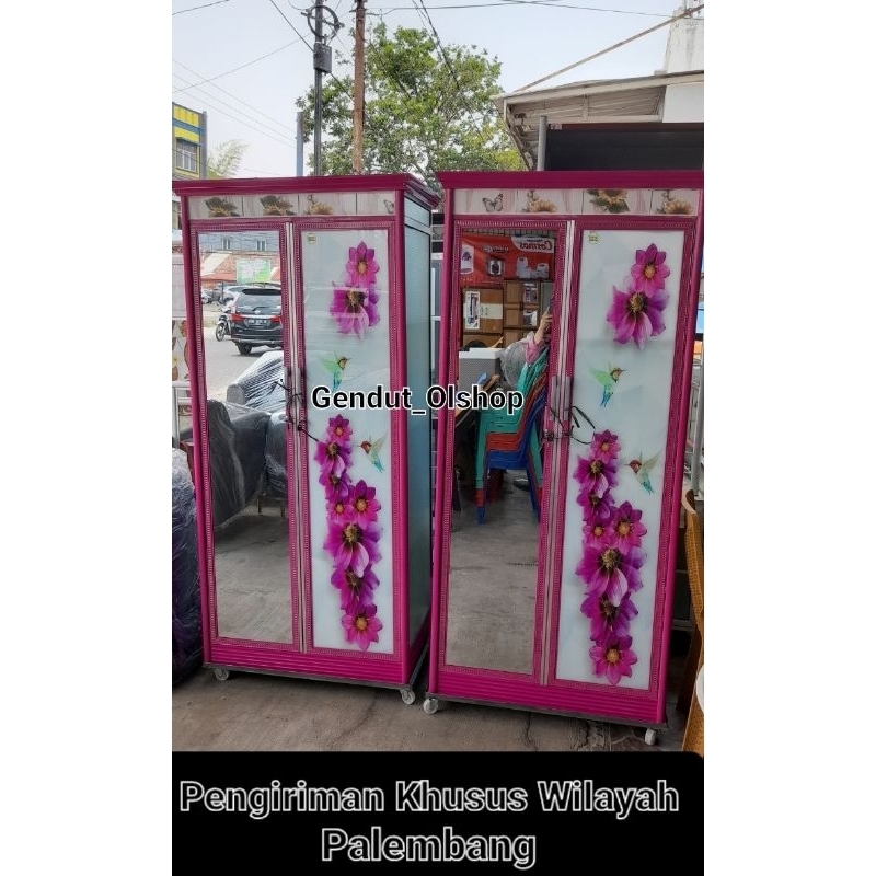 (Khusus Wilayah Palembang) Lemari Pakaian 2Pintu Simple Polos Kaca Alumunium Kaca Motif/Karakter  Pa