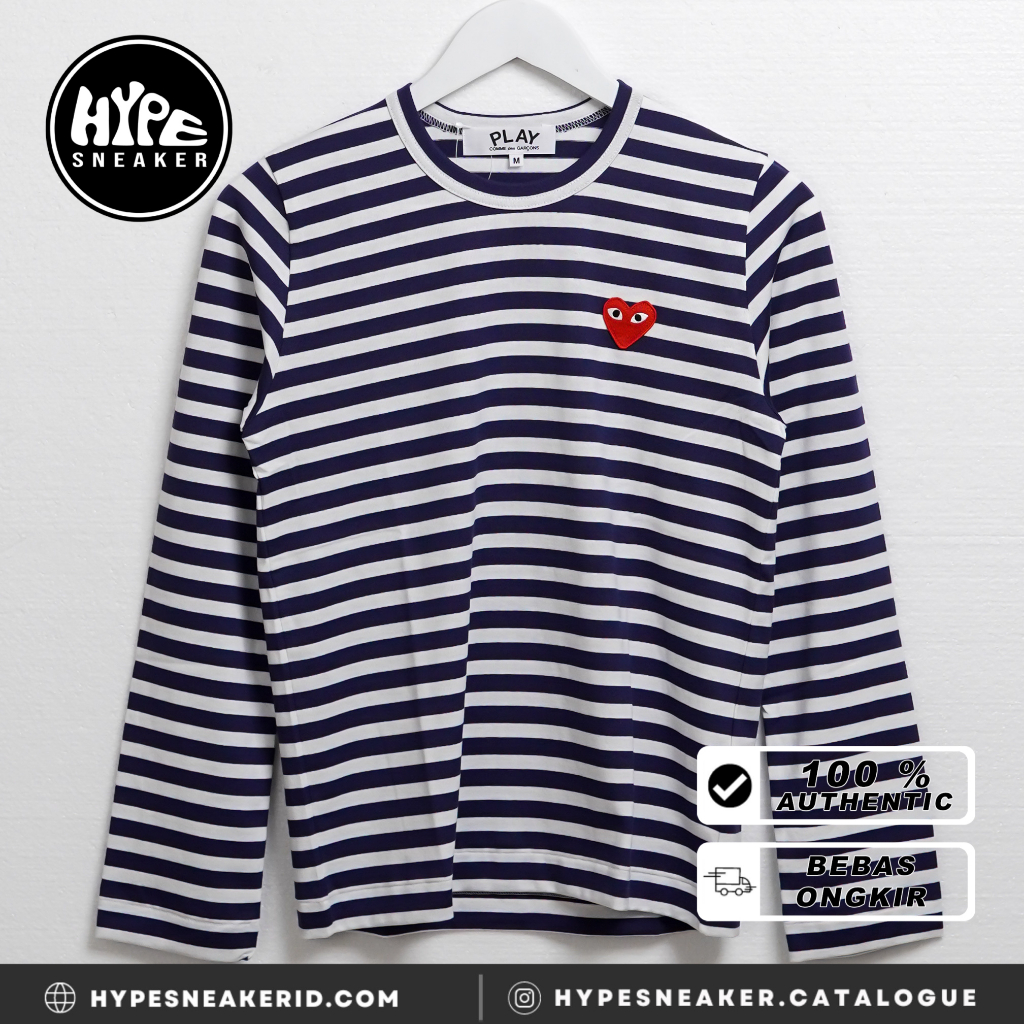 Kaos CDG PLAY HEART STRIPE WHITE BLUE LONGSLEEVE 100% ORIGINAL