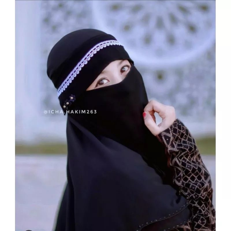 Cadar Niqab Milaya hias Renda Cadar Poni Cadar Tali renda Hana