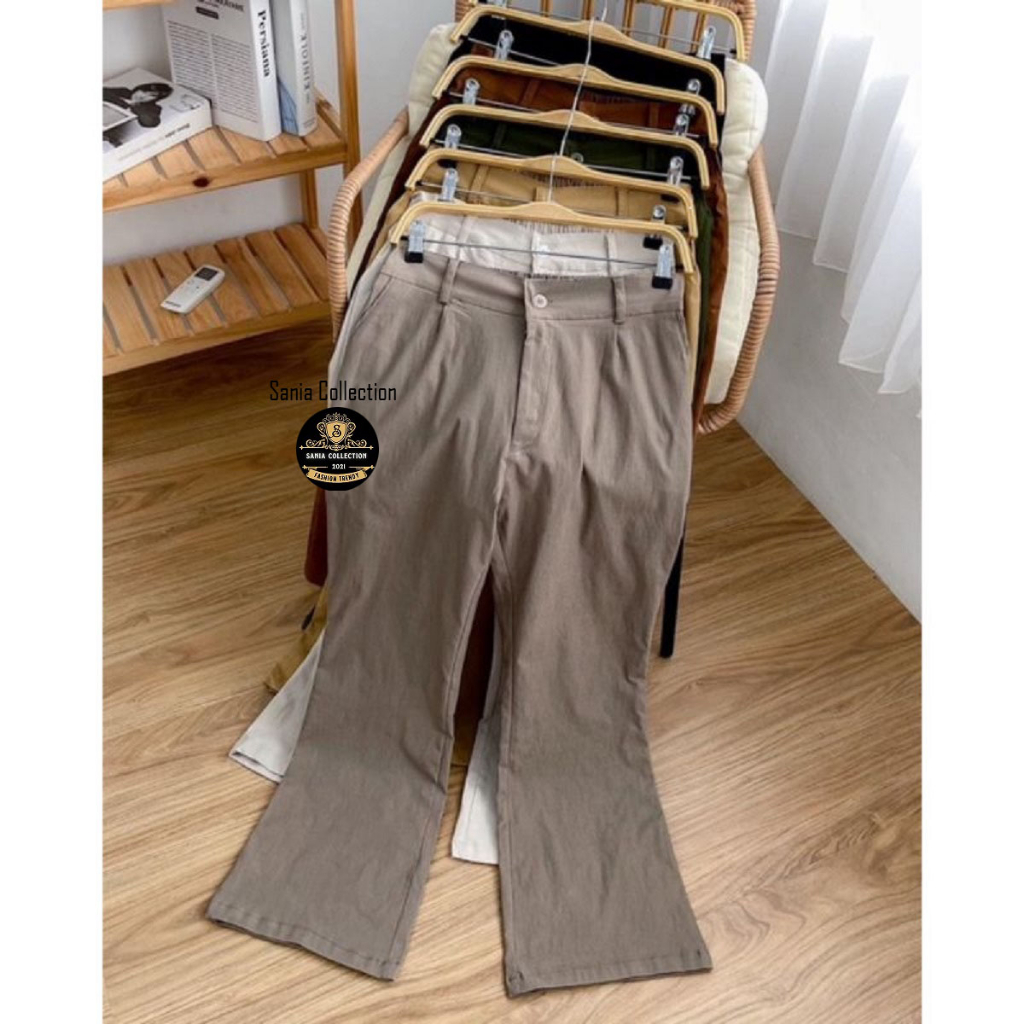 Celana Cutbray Wanita Jumbo Basic Pants Kancing Resleting Katun Twill Combed Stretch Melar