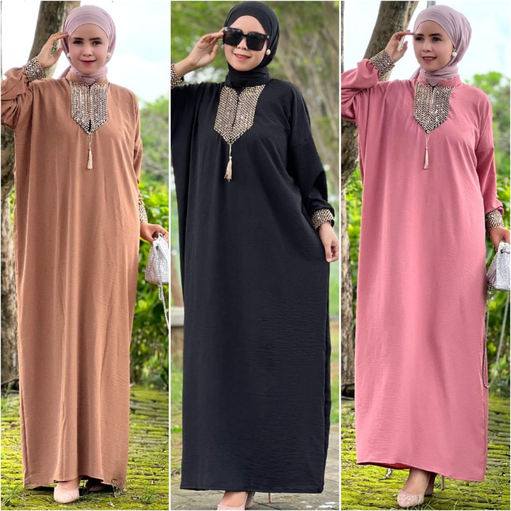 Gamis Sultan Renda Kringkle Airflow Premium Dress Kaftan Arab Polos Simple Busui Friendly Hitam-7