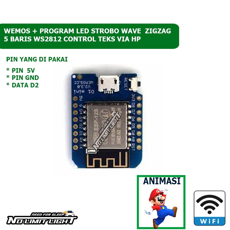 Chip Wemos Program Modul LED Strobo Wave Kaca Mobil Teks WI-FI 5 Baris Ws2812 Animasi Super Mario