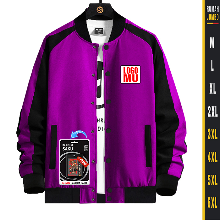 JAKET VARSITY PRIA UNGU KOMBINASI HITAM (M-6XL) CUSTOM JAKET VARSITY KANCING OVERSIZE