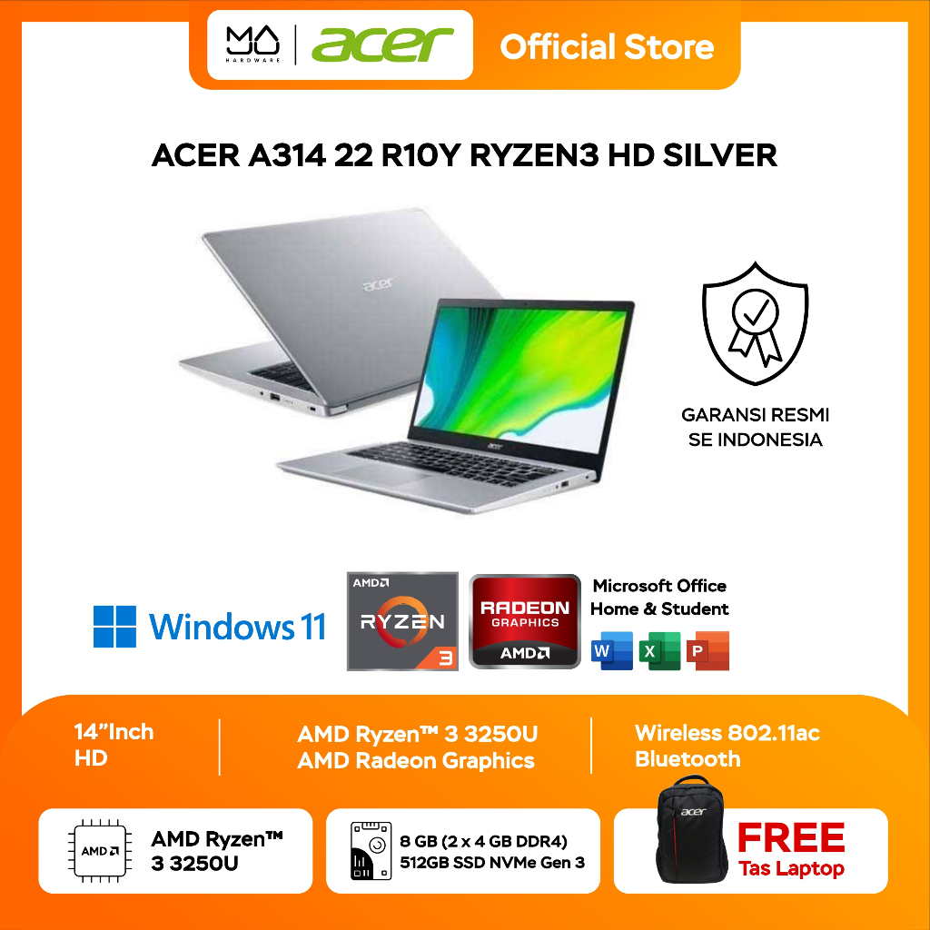 Laptop Acer Aspire 3 A314-22-R10Y Ryzen3 3250U - Garansi Resmi