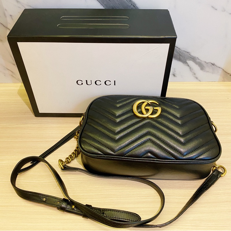 Black Leather G*cci GG Marmont Matelassé Mini Bag Zip Top - Sling Bag