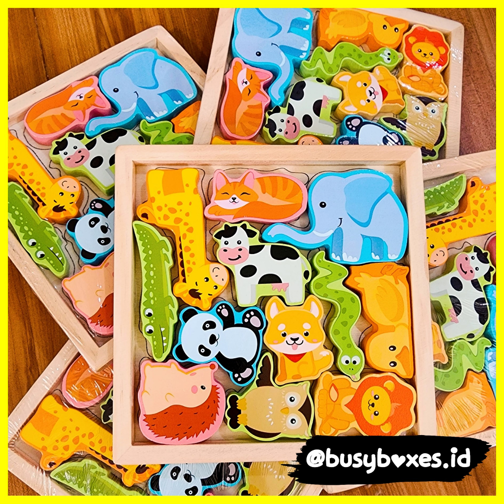 [busybpxes.id] Mainan edukasi anak 2 3 4 tahun puzzle kayu 3D bentuk binatang hewan liar