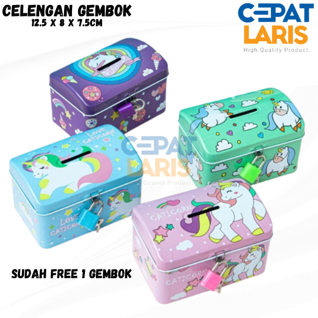 CL Celengan Kaleng Kunci Saving Box Tempat Penyimpanan Uang Motif Unicorn Celengan Gembok Mini Anak