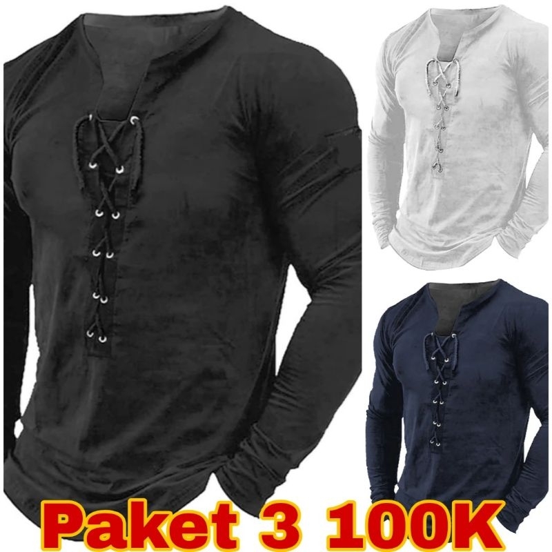 NO - Paket Hemat 3 Pcs 100K Kaos Lengan Panjang V Neck Tali Polos Distro / Kaos Paket 3 pcs 100K / K