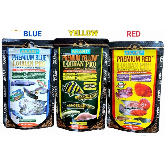 Akari Premium  2mm Blue Yellow Red Maxi Louhan Pro Pelet Ikan Channa Predator 100 gram