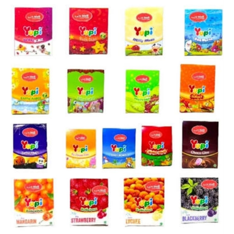 

Jelly Gum Yupi Permen Lunak Wotaa Melon,Chibi Gummy,CDZ,Sweet Heart,Fruit Cocktails,Bolicious Blackberry, Lychee, Strawberry, Baby Bears, Gummy Cookies, Choco Glee, Berry Bonz, Seaworld, Milly Mooz, LittleStars, Waffle Sandwich, Burger Max, Exotic Mango