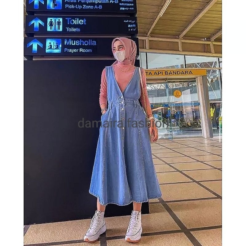 Tesla Overall Rok Kodok Midi Dress Jeans Denim Wanita Jumbo Bigsize