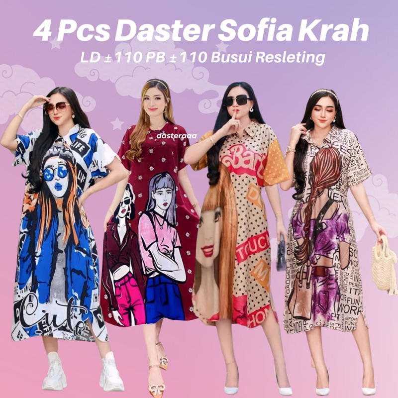4pcs Daster Sofia Kerah Busui Resleting Motif Kekinian[]Dress Sofia Viral