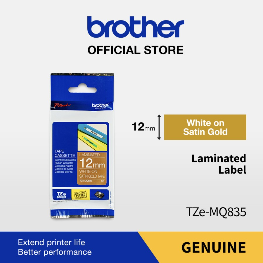

Brother Label TZE-MQ835 12mm x 5m White on Satin Gold Tape