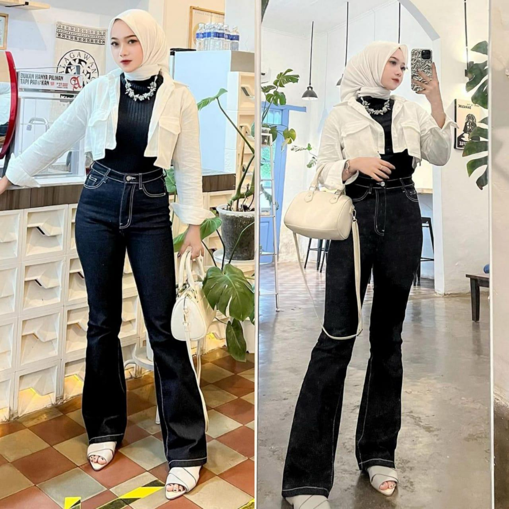Camila Cutbray Jeans Hitam Benang Putih