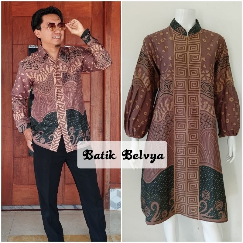 Setelan couple batik Zoya kemeja batik lengan panjang full furing tunik lapis dalam trikot batik sol