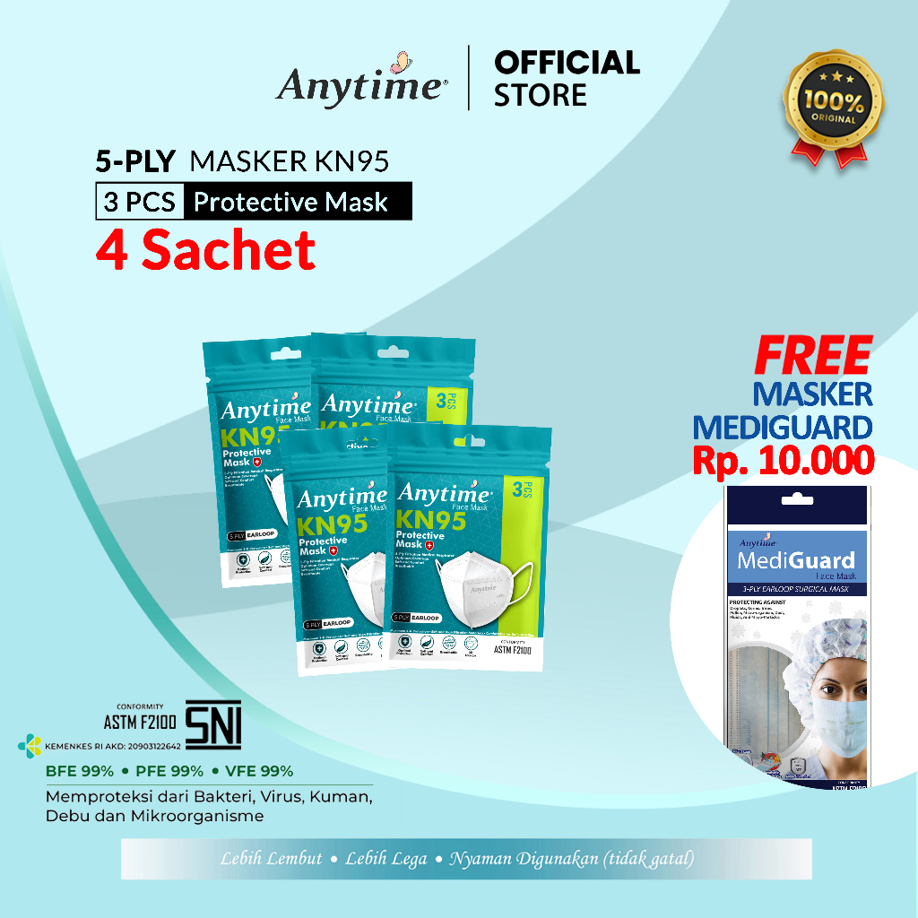 Masker Anytime KN95 5 Ply Earloop Medis Paket Hemat 4 & 7 sachet