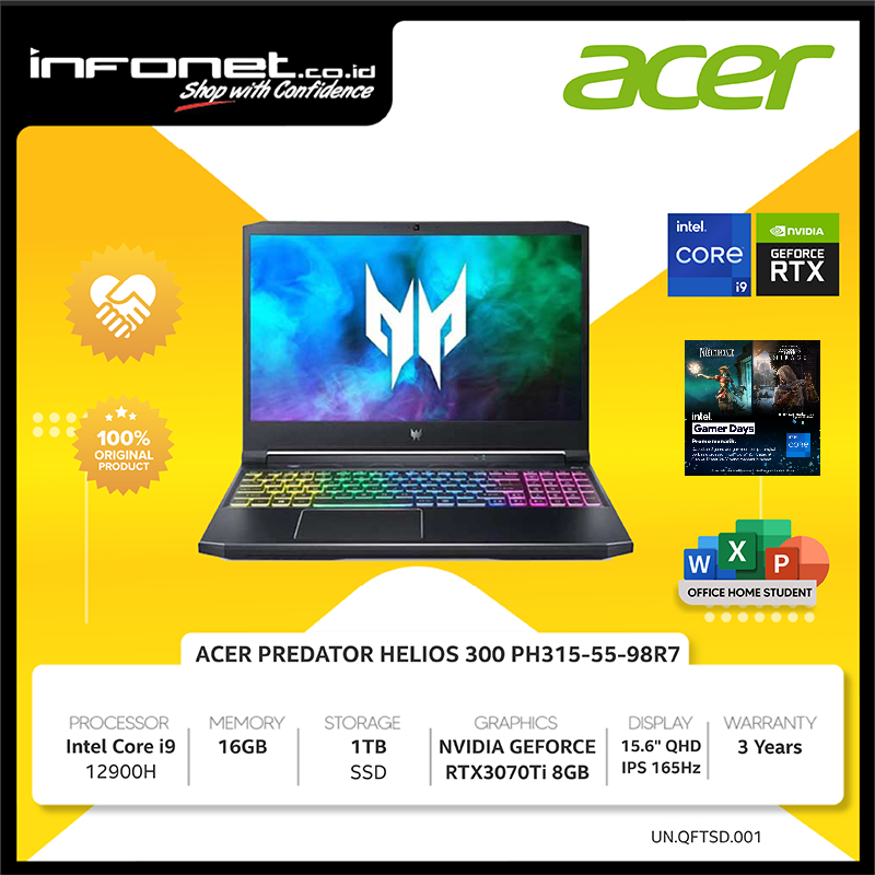 ACER PREDATOR HELIOS 300 PH315-55-98R7 i9 12900H 16GB 1TB RTX3070Ti 15.6 W11 OHS