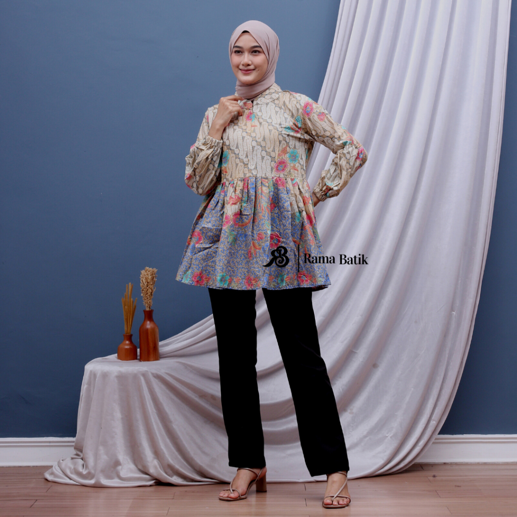 Batik Wanita Modern Baju Batik Wanita Lengan Balon Resleting Depan Seragam Kantor Motif Daun Jati