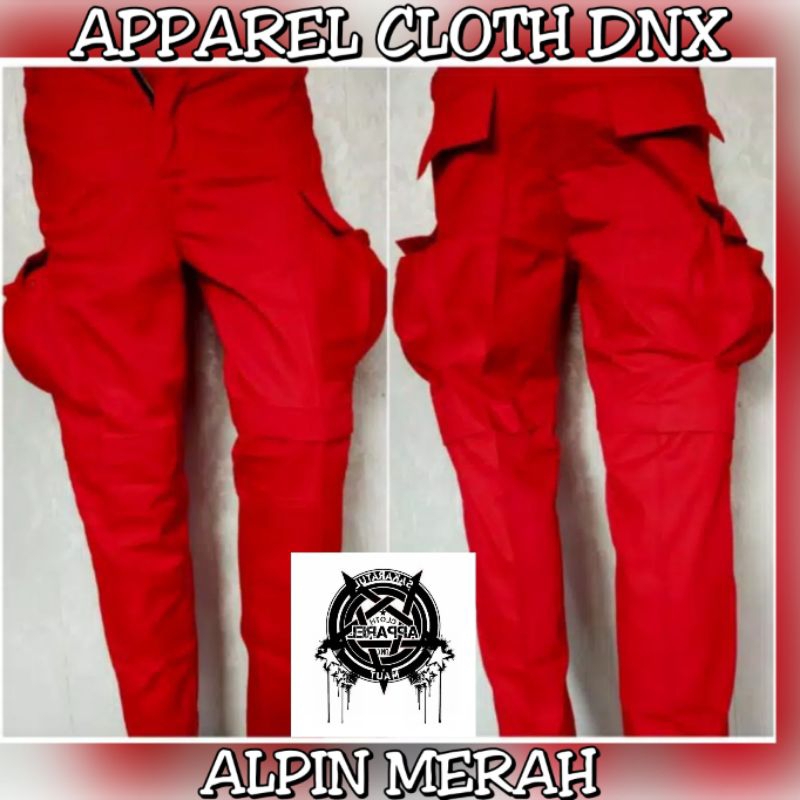 CELANA PANJANG ALPIN MERAH HITAM SAKU KEMPOL PUNK, CELANA CARGO GUNUNG PDL MERAH HITAM BIRU LORENG D
