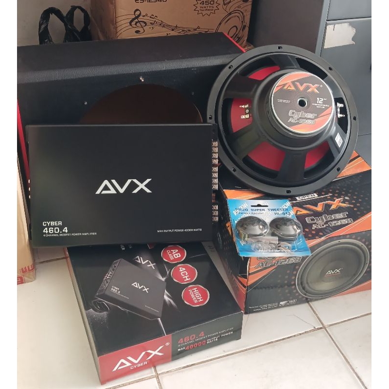 Paket audio mobil,power 4ch avx,sub 12in avx,box 12in,bunus twiteer