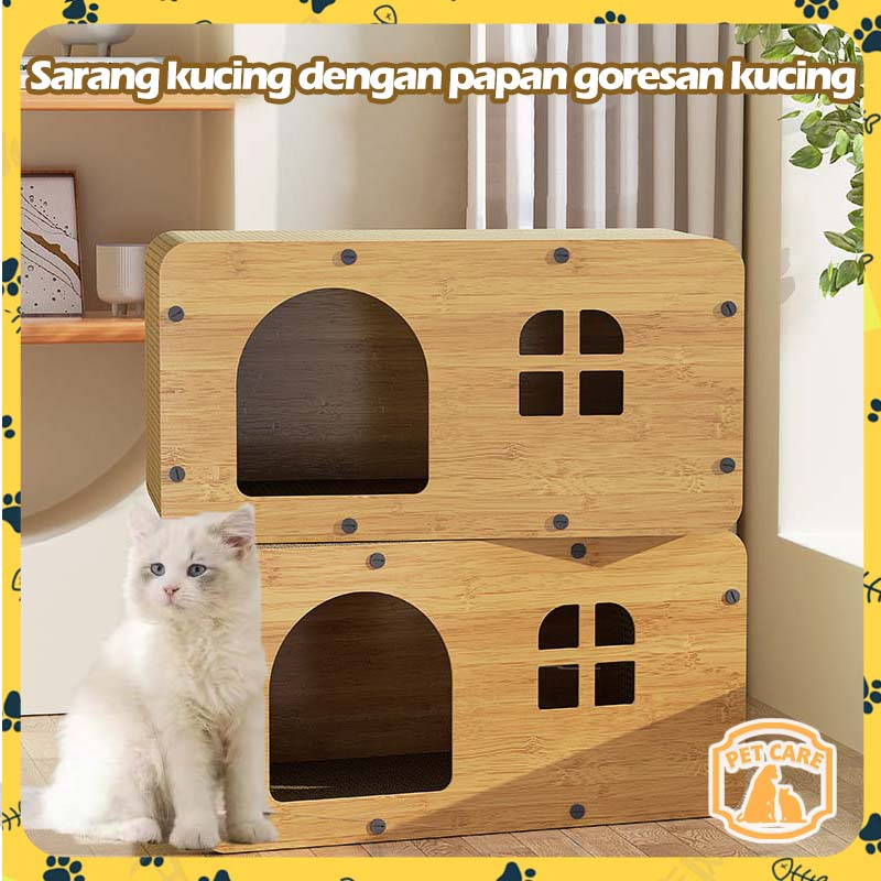 NEW- MULTIFUNGSI RUMAH KUCING DENGAN PAPAN GARUK KUCING KAYU MAINAN PAPAN GARUK KUCING MUDAH DIRAKIT