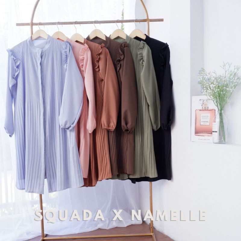 SQUADA X NAMELLE - PLISKA LONG TUNIC - TUNIK PLISKET WANITA PREMIUM JUMBO WARNA HITAM COKLAT PINK BI
