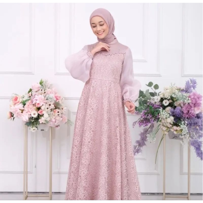 dress rose gold hijab Gold Elegant Shaheen Satin Dress Scarf & Slip Dress Set