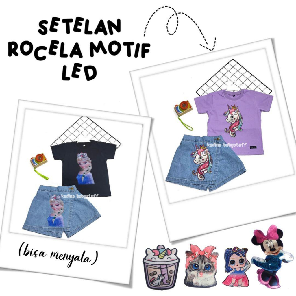 SETELAN ROK JEANS ANAK PEREMPUAN/ROK CELANA SNOW WASH/KAOS ANAK MOTIF BOBA KUCING UNICORN LED