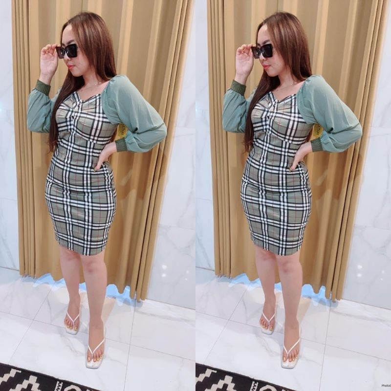 Grosir Natalia | Dress Bodycon Motif Kotak Besar