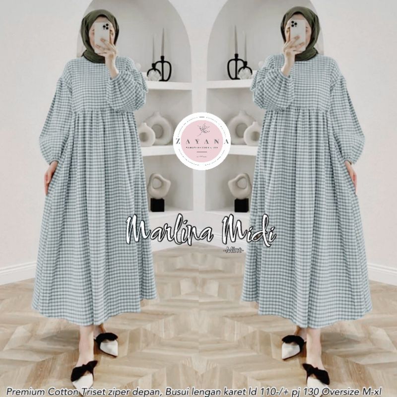 Midi Dress katun triset motif kotak - kotak lengan balon