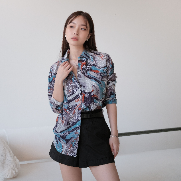 SeoSeo Women Korean Printed Shirt Longsleeve | Kemeja Wanita Hawaiian Printing Lengan Panjang