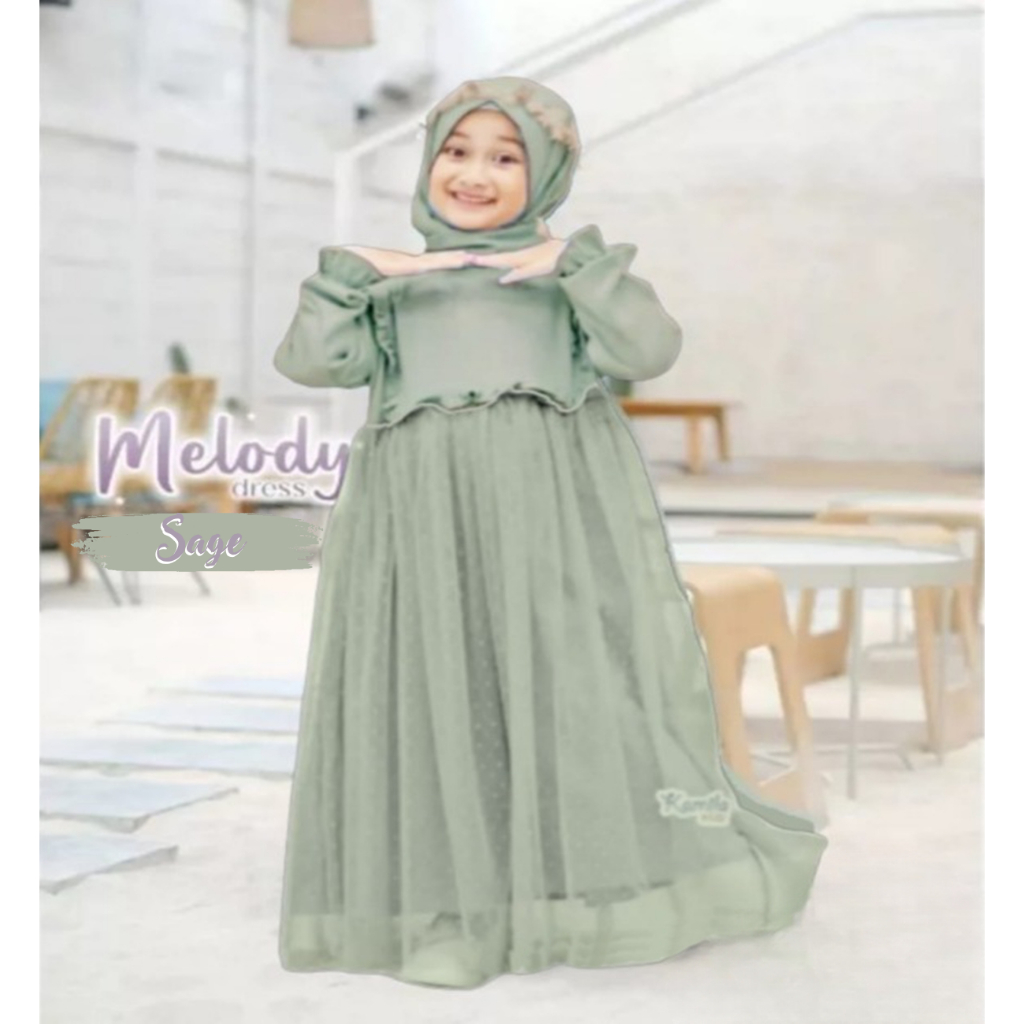 Baju Gamis Muslim Anak Perempuan Brukat Tile Set Hijab Gaun Anak Perempuan Kekinian Melody Kids
