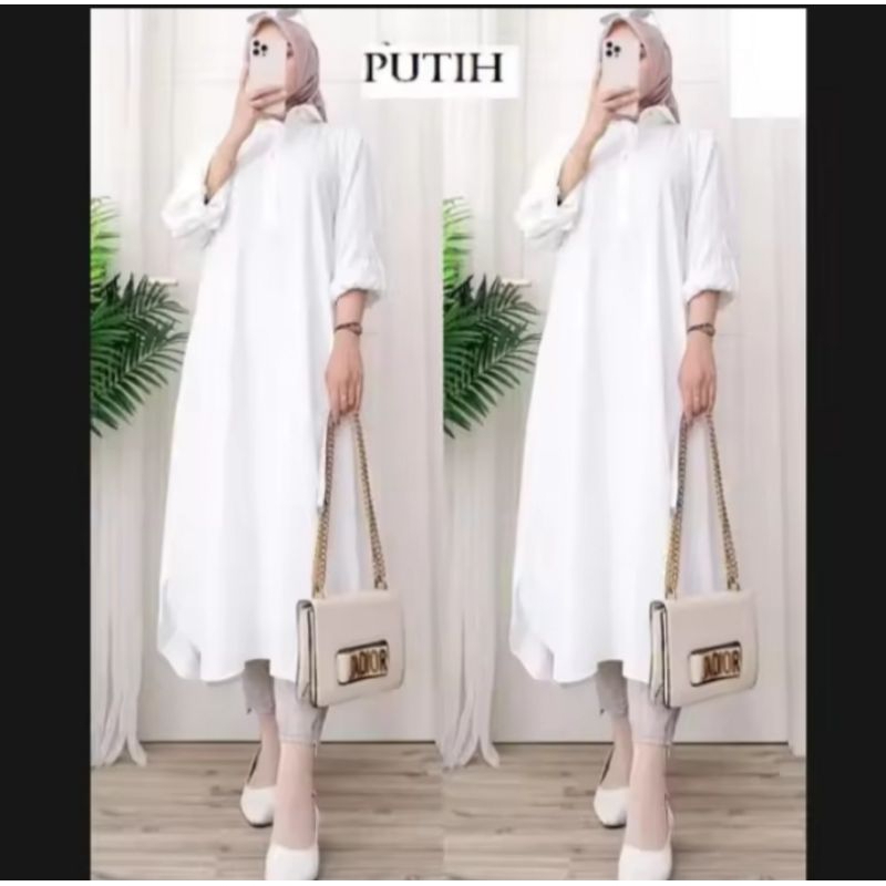 LONG TUNIK MUSLIMAH CRINKLE PUTIH POLOS WANITA DEWASA REMAJA TERBARU DAN KEKINIAN/TUNIK REGINA SIZE 