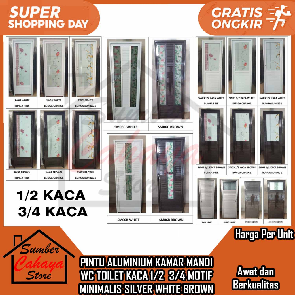 [Instan] Pintu Kamar Mandi Aluminium 70x195 Motif Motip Minimalis Elegan Kaca 1/2, 3/4 WC Toilet Sil