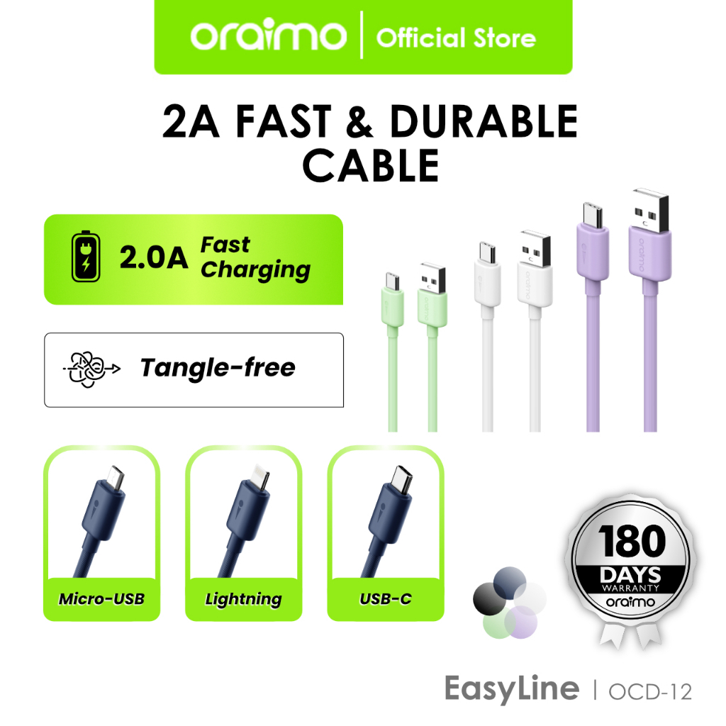 Oraimo Data Cable Kabel Micro USB Lightning Type-C 5V 2A Fast Charging Durable 1m OCD-12