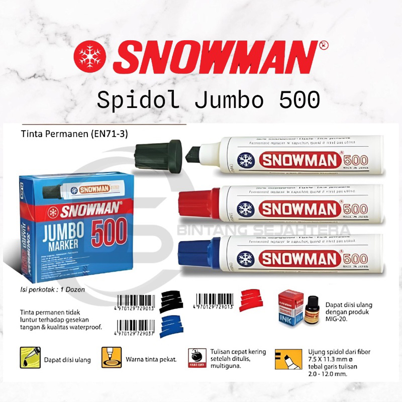 

1 Pcs Spidol Snowman jumbo 500 Hitam PERMANENT